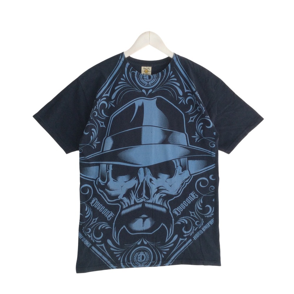 Dyse One Mens Skull Fedora Graphic T-Shirt Black Blue Chicano Streetwear Medium